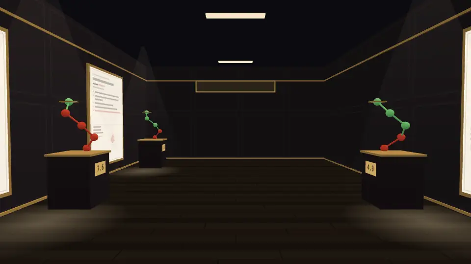 A room in the 3D hall: plaques on both walls, each with its impact sculpture